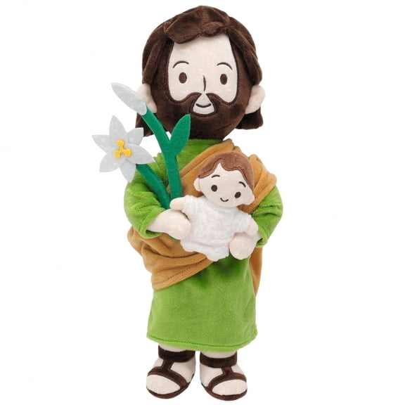 St. Joseph Plush Doll with Baby Jesus & Lily  Catholic Stuffed Saint Toy, Christmas & Easter Christian Gift for Kids, Baptism, Christening, Baby Shower, Nursery Decor