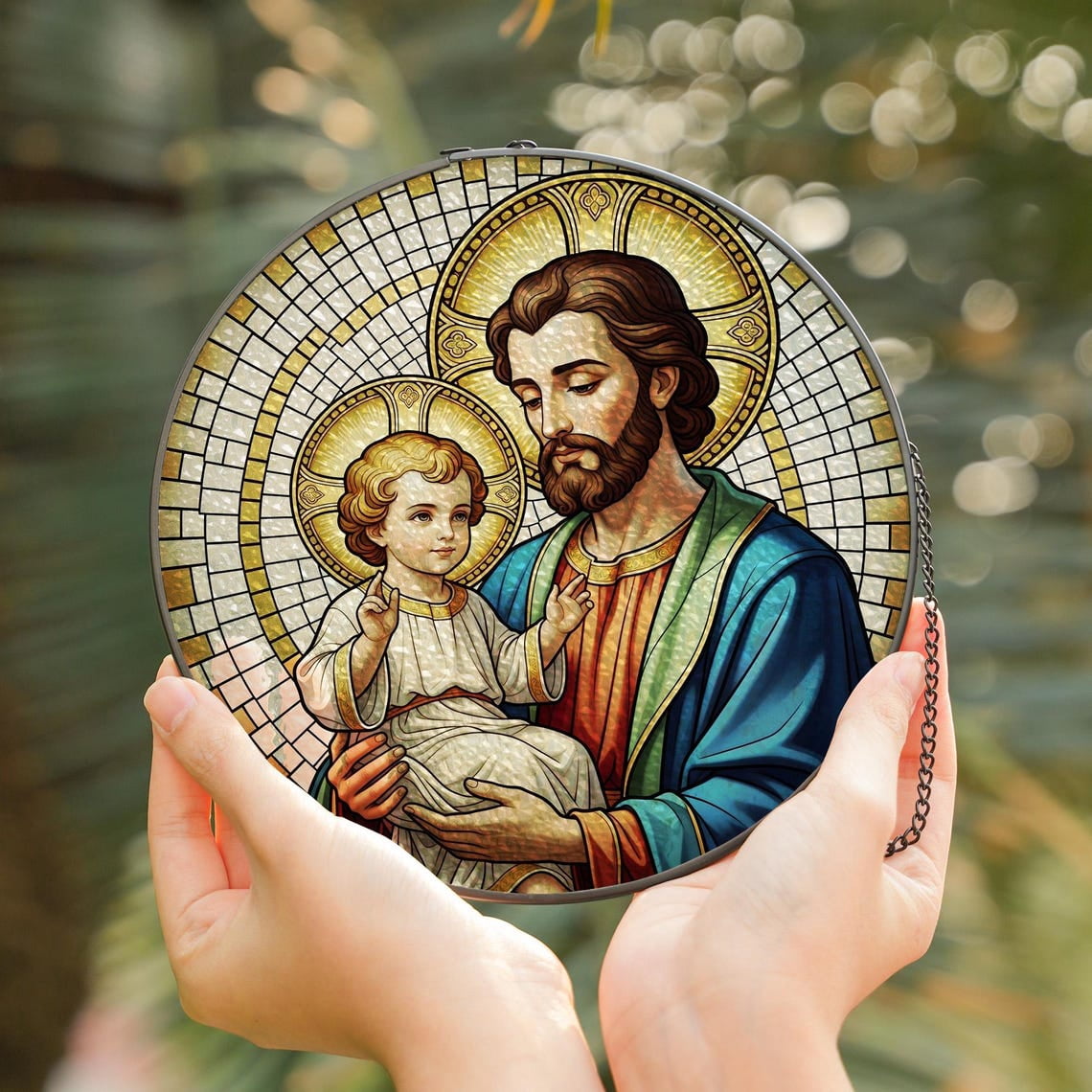 St. Joseph and Baby Jesus Glass Suncatcher v3, Catholic Faith Window ...