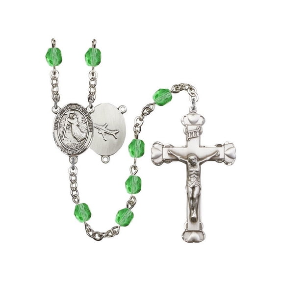 St. Joseph of Cupertino Silver-Plated Rosary 6mm August Green Fire Polished Beads Crucifix Size 1 5/8 x 1 medal charm