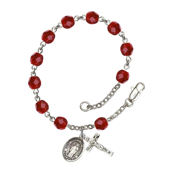 St. Joseph the Worker Silver Plate Rosary Bracelet 6mm July Red Fire Polished Beads Crucifix Size 5/8 x 1/4 medal charm