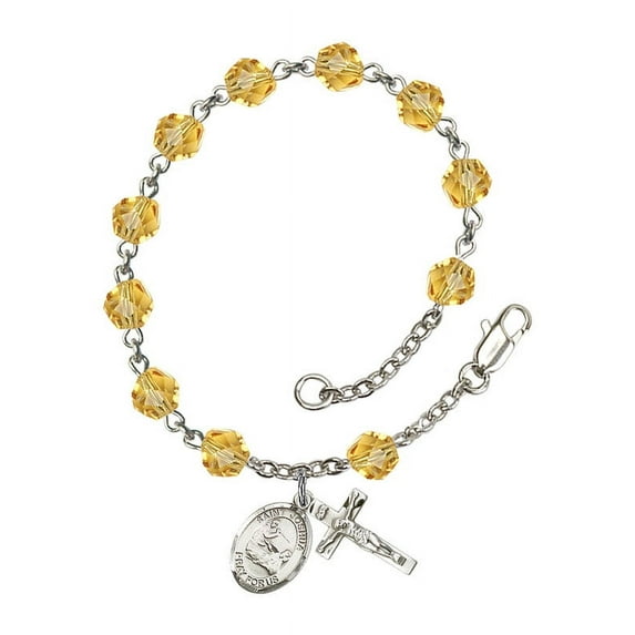 St. Joshua Silver Plate Rosary Bracelet 6mm November Yellow Fire Polished Beads Crucifix Size 5/8 x 1/4 medal charm