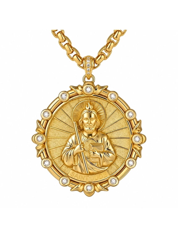 St. Jude Pendant Necklace for Men , 14K Gold Plated Double-Sided Round Medal with White Cubic Zirconia, Patron Saint of Difficult Situations Catholic Jewelry Gift