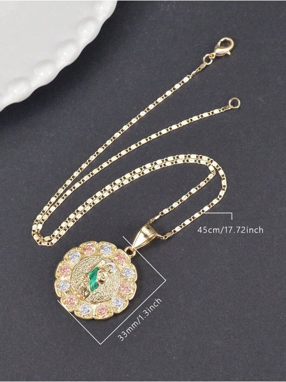 St. Jude Pendant Necklace With Multicolor Roses And Green Enamel, Goldtone Chain