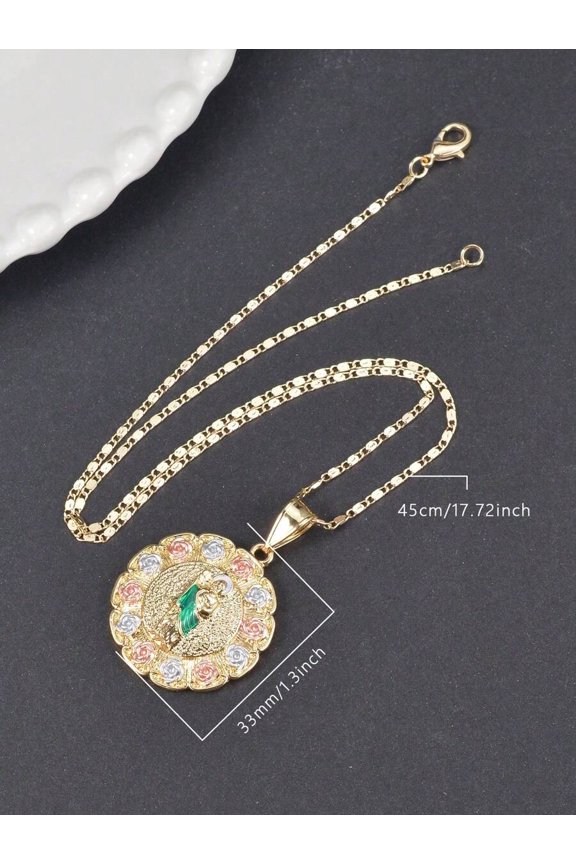St. Jude Pendant Necklace With Multicolor Roses And Green Enamel, Goldtone Chain
