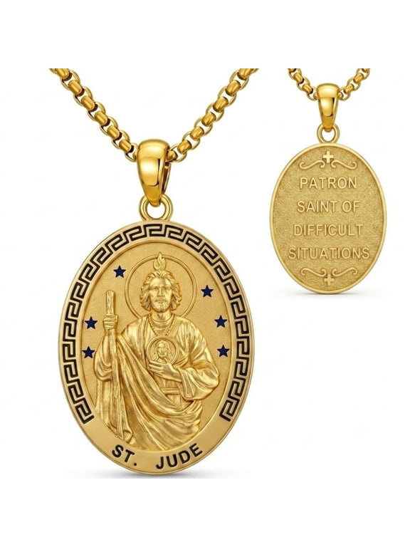 St. Jude Necklace for Men Women, 14K Gold Plated Patron Saint of Difficult Situations, Catholic Amulet Gift