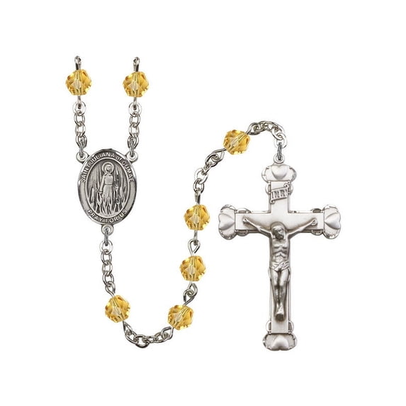 St. Juliana of Cumae Silver-Plated Rosary 6mm November Yellow Fire Polished Beads Crucifix Size 1 5/8 x 1 medal charm