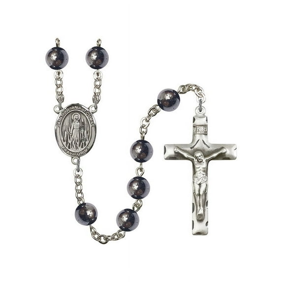 St. Juliana of Cumae Silver-Plated Rosary 8mm Hematite Beads Crucifix Size 1 3/4 x 1 medal charm