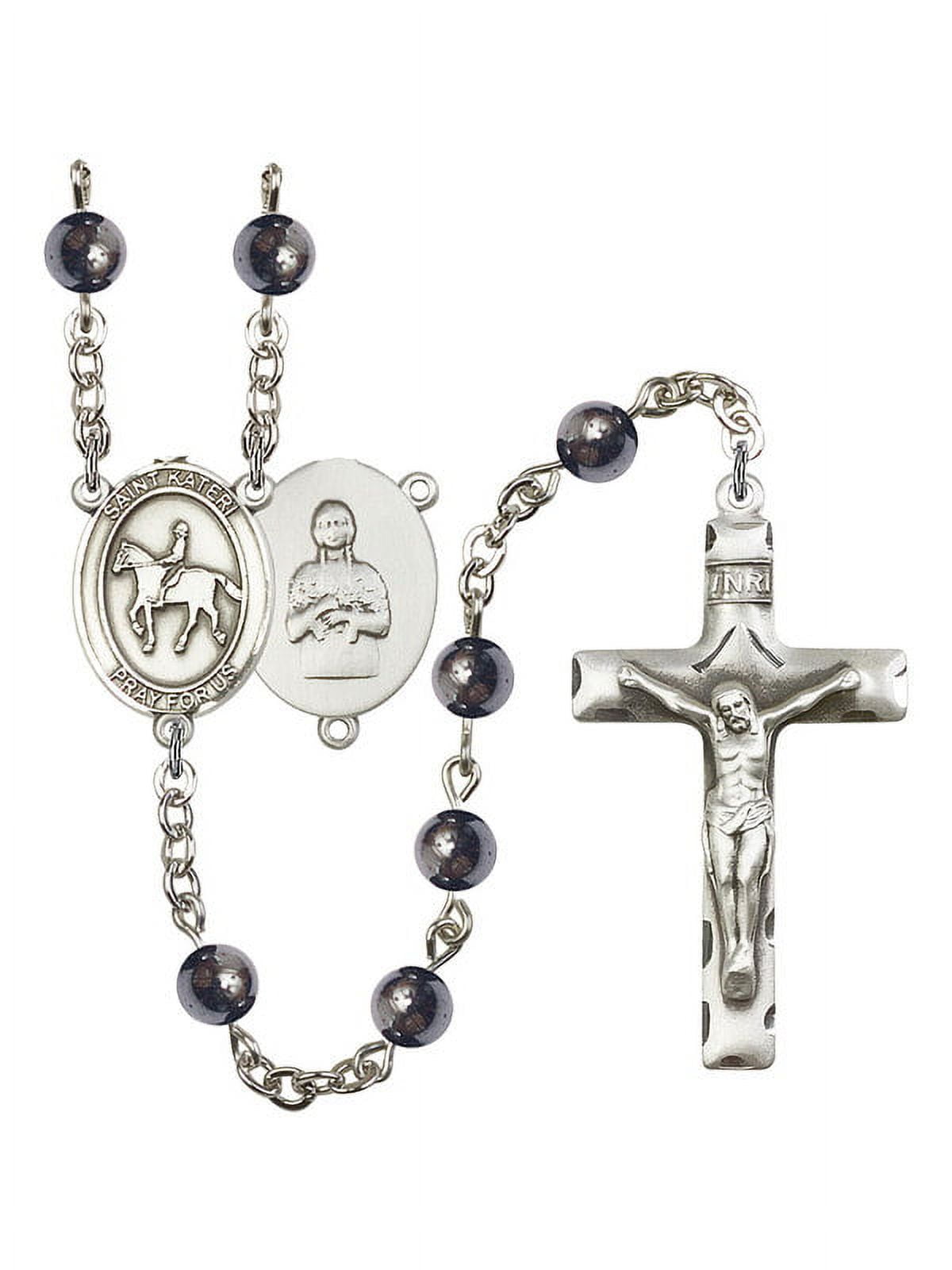 St. Kateri/Equestrian Silver-Plated Rosary 6mm Hematite Beads Crucifix Size 1 3/4 x 1 medal charm