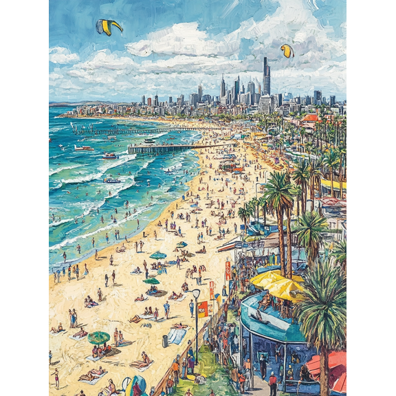 St Kilda Beach Summer Scene Canvas Print/Wall Art Perfect for Living Room Bedroom Office Hotel and Beach House Decor