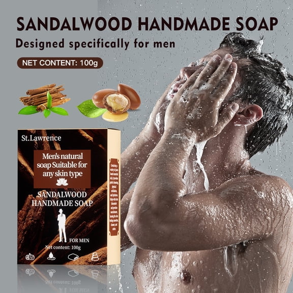St. Lawrence Men's Sandalwood Handmade Soap Bar 100g, Natural Sandalwood Extract & Jojoba Oil, Moisturizing Cleansing Soap for All Skin Types, Long-Lasting Woody Scent Bath Soap