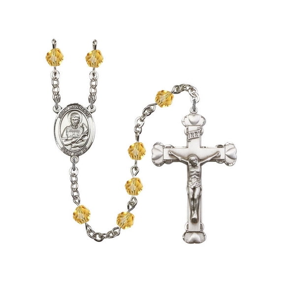 St. Lawrence Silver-Plated Rosary 6mm November Yellow Fire Polished Beads Crucifix Size 1 5/8 x 1 medal charm