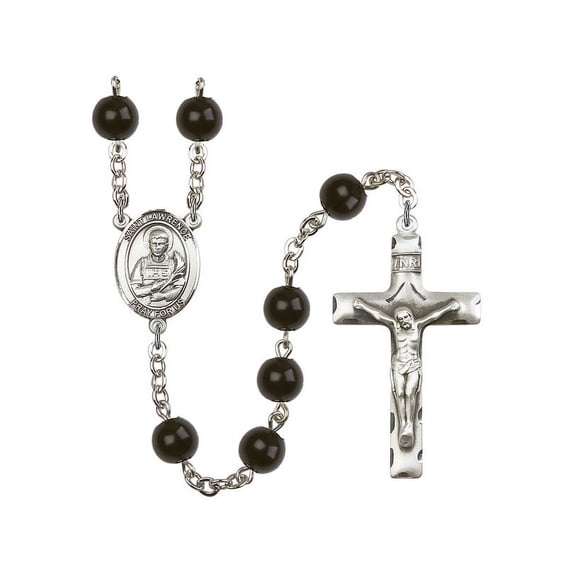 St. Lawrence Silver-Plated Rosary 7mm Black Onyx Beads Crucifix Size 1 3/4 x 1 medal charm