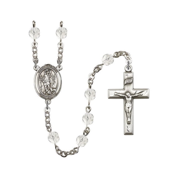 St. Lazarus Silver-Plated Rosary 6mm April Crystal Fire Polished Beads Crucifix Size 1 3/8 x 3/4 medal charm