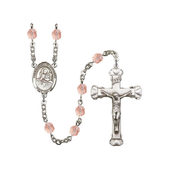 St. Lidwina of Schiedam Silver-Plated Rosary 6mm October Pink Fire Polished Beads Crucifix Size 1 5/8 x 1 medal charm