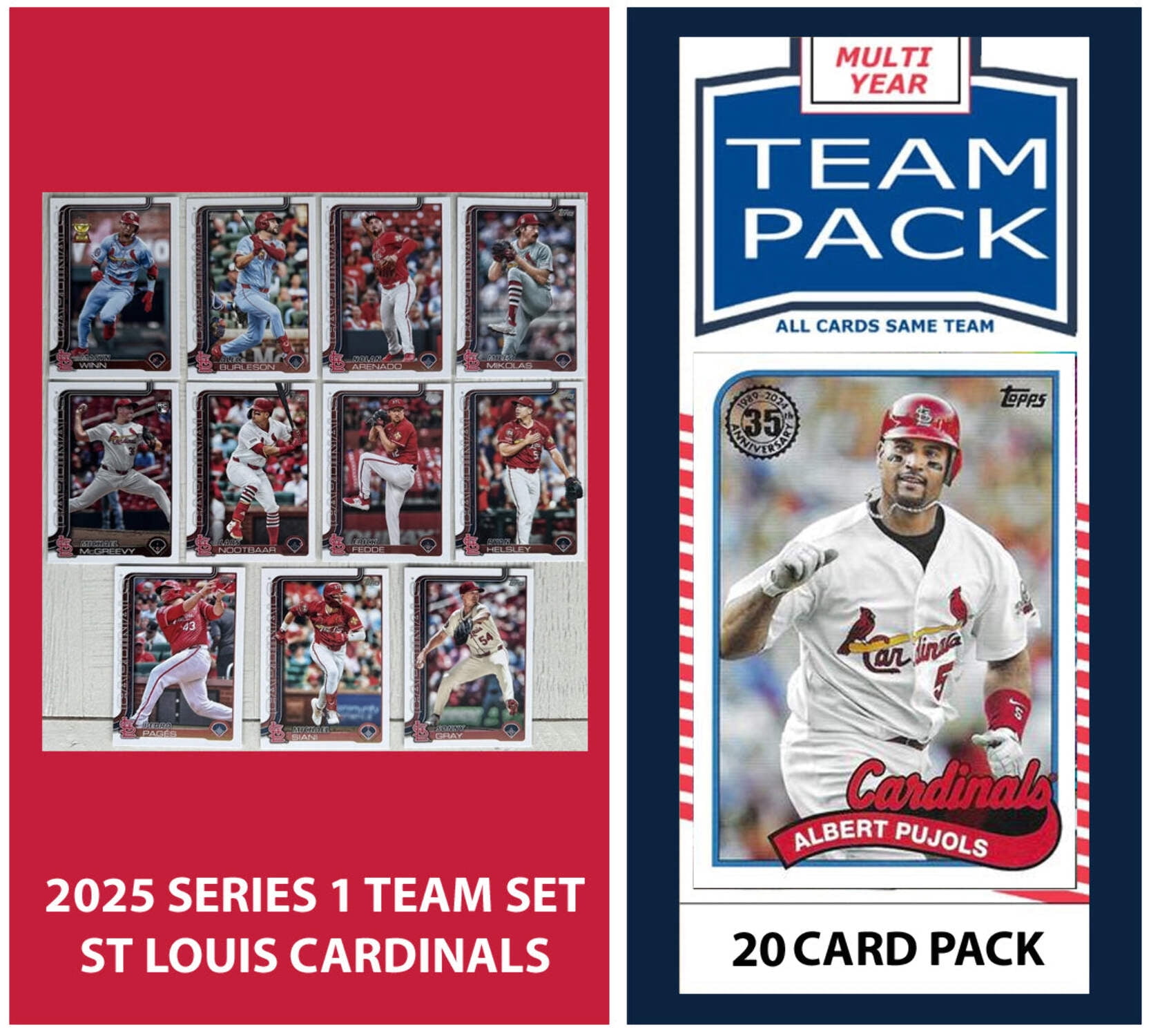 Cardinals Multiyear 20 Card Pack Pujols + 2025 Topps Series 1 Team Set ...