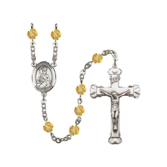 St. Louis Silver-Plated Rosary 6mm November Yellow Fire Polished Beads Crucifix Size 1 5/8 x 1 medal charm