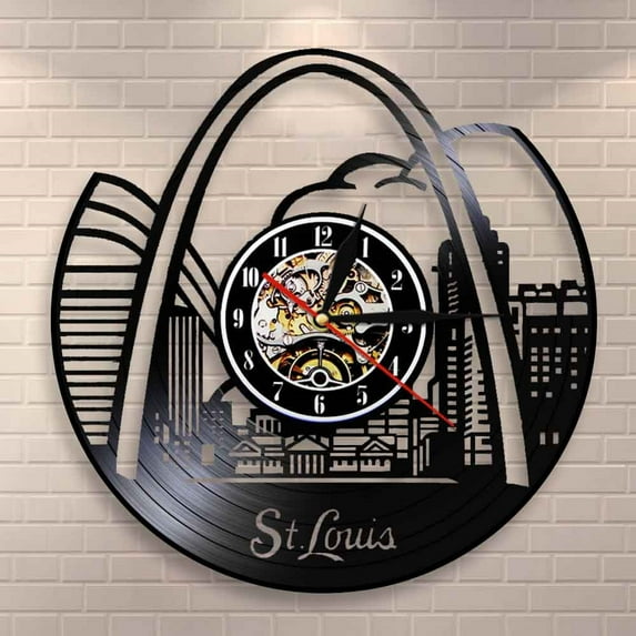St. Louis Skyline Vinyl Record Clock Wall Decor Modern Vintage Art Room Saint Louis Cityscape Vinyl LP Vintage Black Wall Clock