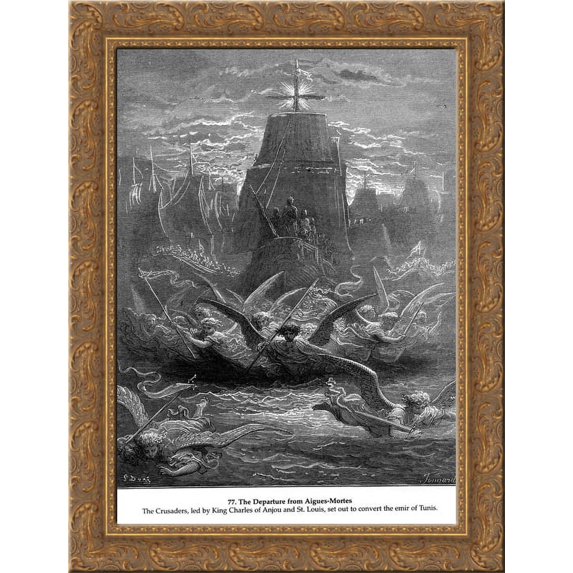 St. Louis leaving Aigues-Mortes 24x18 Gold Ornate Wood Framed Canvas Art by Gustave Dore