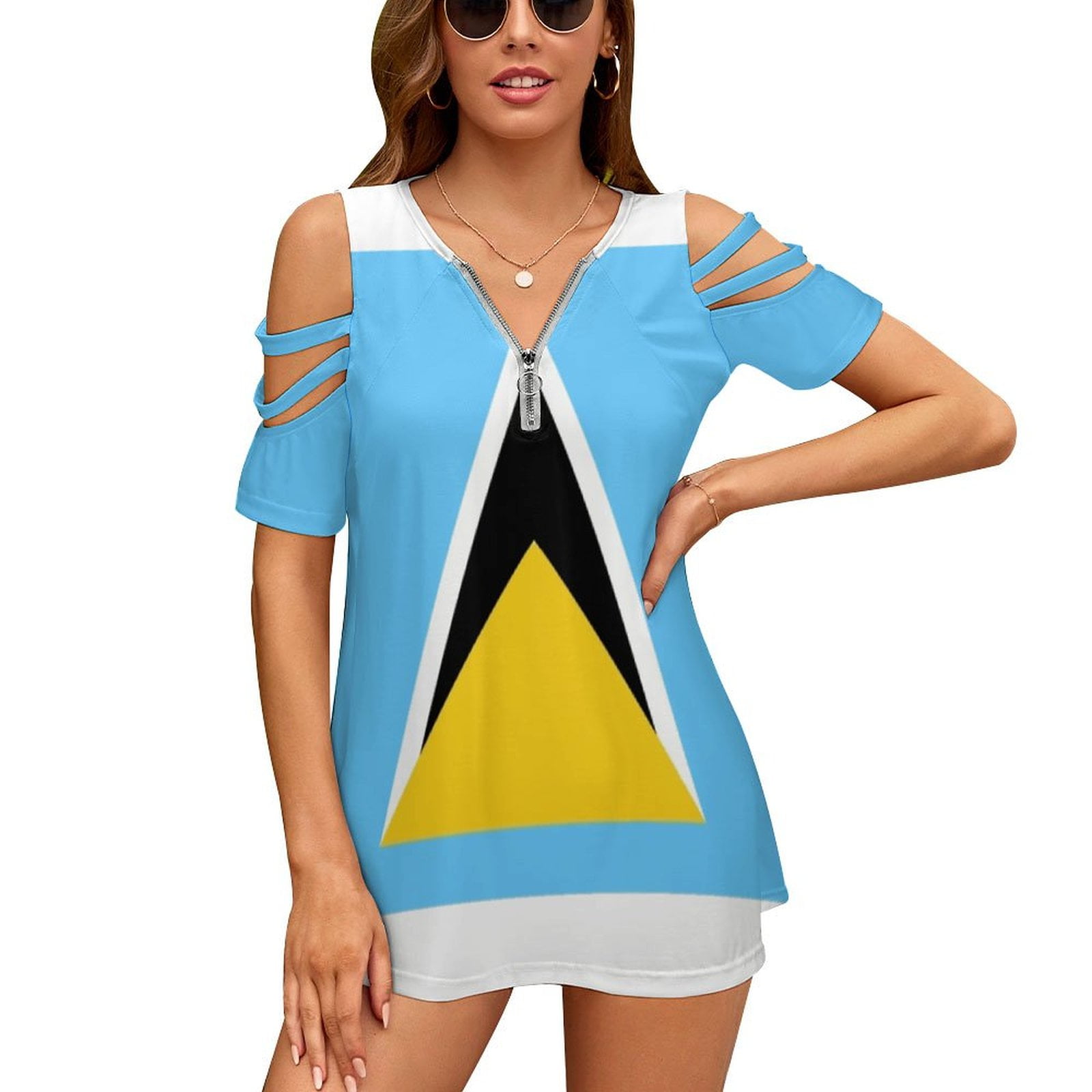 St. Lucia Flag Slit Sleeve Cold Shoulder Print Women T Shirt Casual