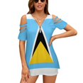 St. Lucia Flag Slit Sleeve Cold Shoulder Print Women T Shirt Casual
