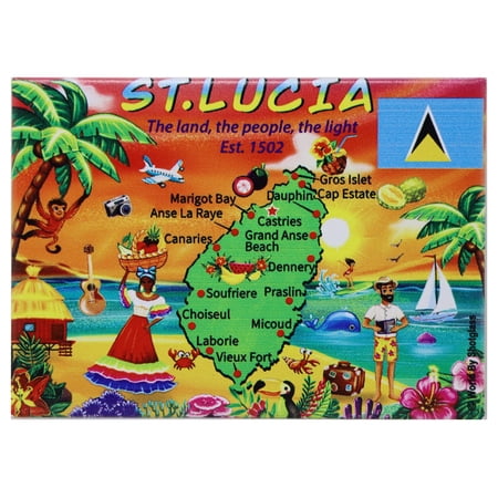 St. Lucia Graphic Map and Attractions Souvenir Fridge Magnet 2.5" X 3.5"