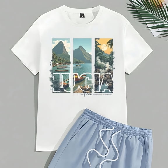 St. Lucia Pitons View T-Shirt - 220g Cotton With Tropil Island Sun Design, ufriere Peaks,