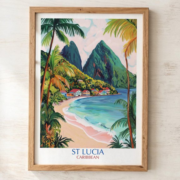 St Lucia Pitons Wall Art Print, Tropical Caribbean Island Beach And Mountain Landscape Decor