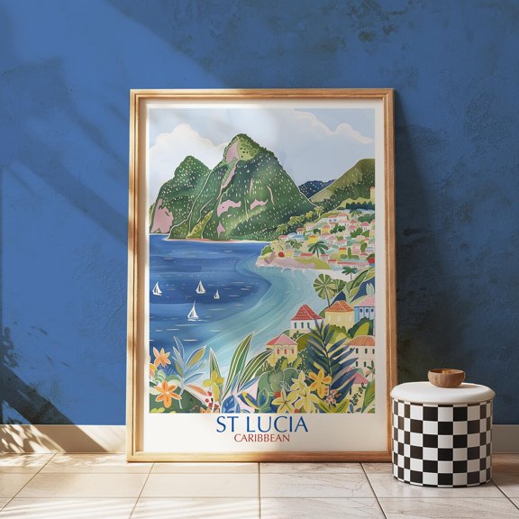 St Lucia Pitons Wall Art Print, Tropical Caribbean Mountain Landscape And Island Travel Decor