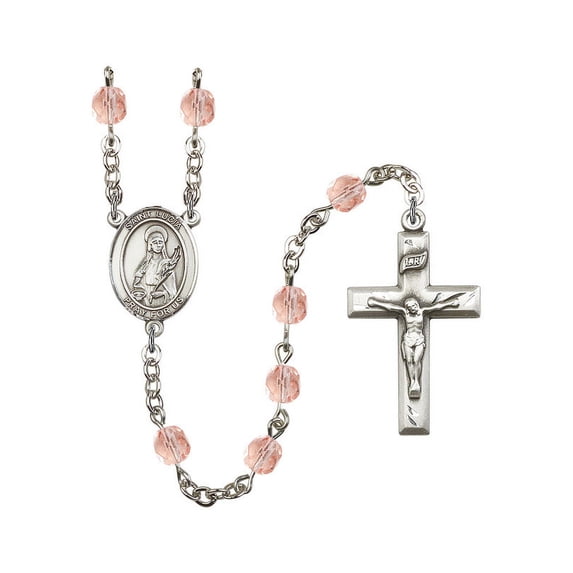 St. Lucia of Syracuse Silver-Plated Rosary 6mm October Pink Fire Polished Beads Crucifix Size 1 3/8 x 3/4 medal charm