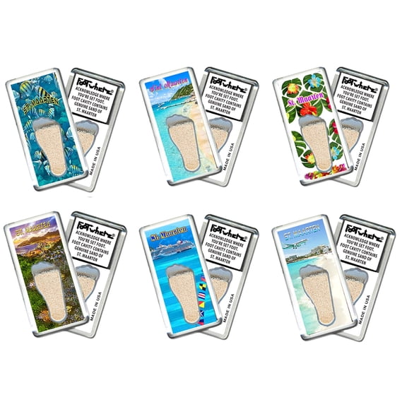 St. Maarten FootWhere Souvenir Fridge Magnets. 6 Piece Set. (StM200 - Assorted)