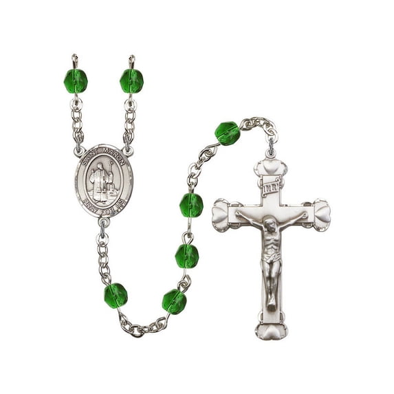 St. Maron Silver-Plated Rosary 6mm May Green Fire Polished Beads Crucifix Size 1 5/8 x 1 medal charm