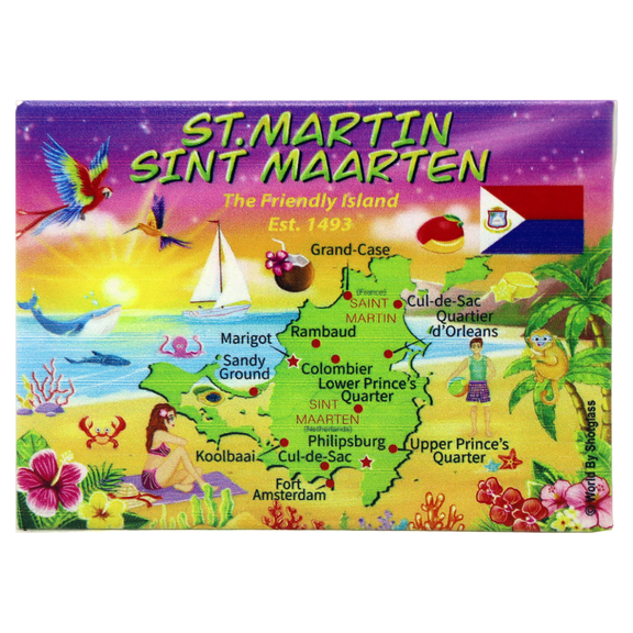 St. Martin/St.Maarten Graphic Map and Attractions Souvenir Fridge Magnet 2.5" X 3.5"