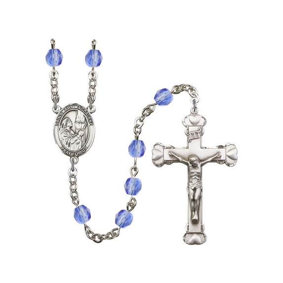 St. Mary Magdalene Silver-Plated Rosary 6mm September Blue Fire Polished Beads Crucifix Size 1 5/8 x 1 medal charm