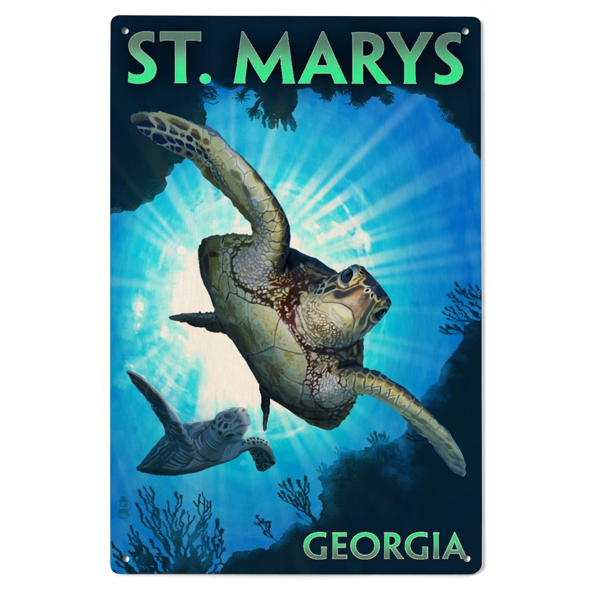 St. Marys, Sea Turtle Diving Birch Wood Wall Sign (6x9 Rustic