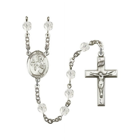 St. Matthew the Apostle Silver-Plated Rosary 6mm April Crystal Fire Polished Beads Crucifix Size 1 3/8 x 3/4 medal charm