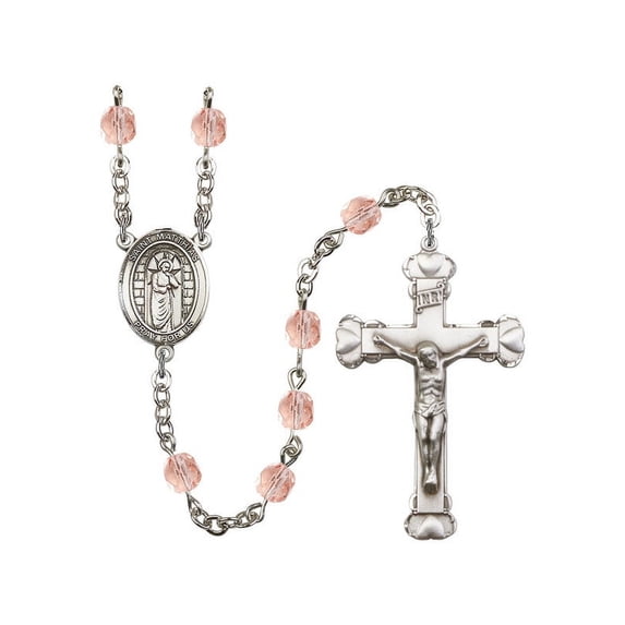 St. Matthias the Apostle Silver-Plated Rosary 6mm October Pink Fire Polished Beads Crucifix Size 1 5/8 x 1 medal charm