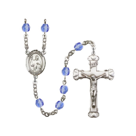 St. Maurus Silver-Plated Rosary 6mm September Blue Fire Polished Beads Crucifix Size 1 5/8 x 1 medal charm