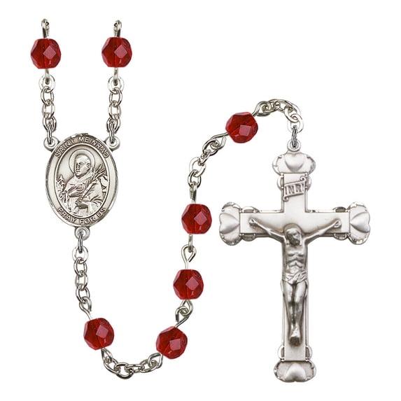 St. Meinrad of Einsiedeln Silver-Plated Rosary 6mm July Red Fire Polished Beads Crucifix Size 1 5/8 x 1 medal charm