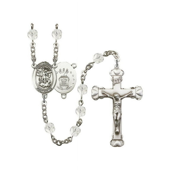 St. Michael / Air Force Silver-Plated Rosary 6mm April Crystal Fire Polished Beads Crucifix Size 1 5/8 x 1 medal charm
