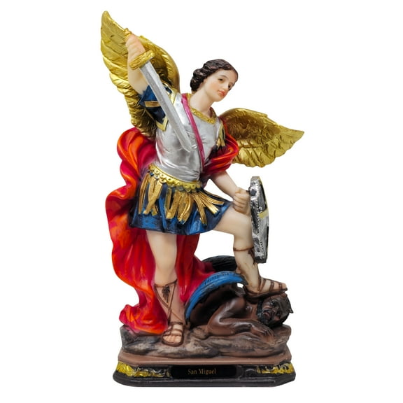 St. Michael the Archangel Statue (San Miguel Arcángel) – 5,8,12,16 inchesHand-Painted Resin Sculpture of St. Michael Defeating Satan, Detailed Religious Decor for Home or Church (Sx8"inches)
