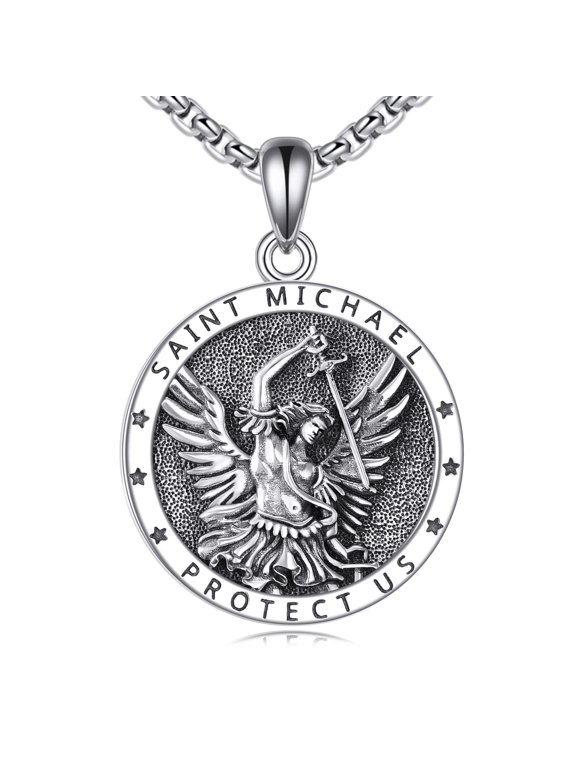 St Michael Necklace 925 Sterling Silver Saint Archangel Michael Pendant Necklace for Men Women Medal Medallion Protection Catholic Jewelry