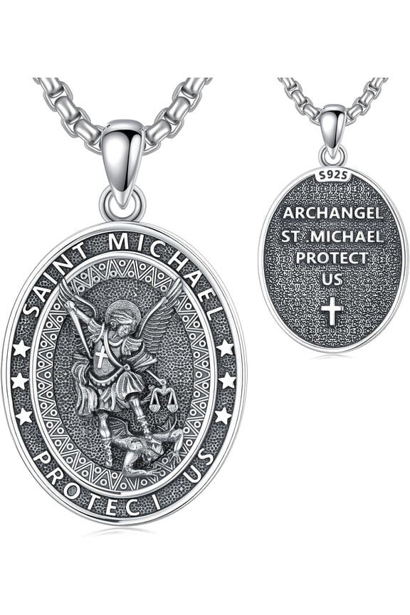 St Michael Oval Pendant Necklace, 925 Sterling Silver Archangel Protection Jewelry for Men