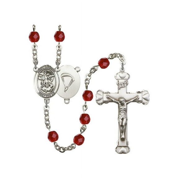 St. Michael / Paratrooper Silver-Plated Rosary 6mm July Red Fire Polished Beads Crucifix Size 1 5/8 x 1 medal charm