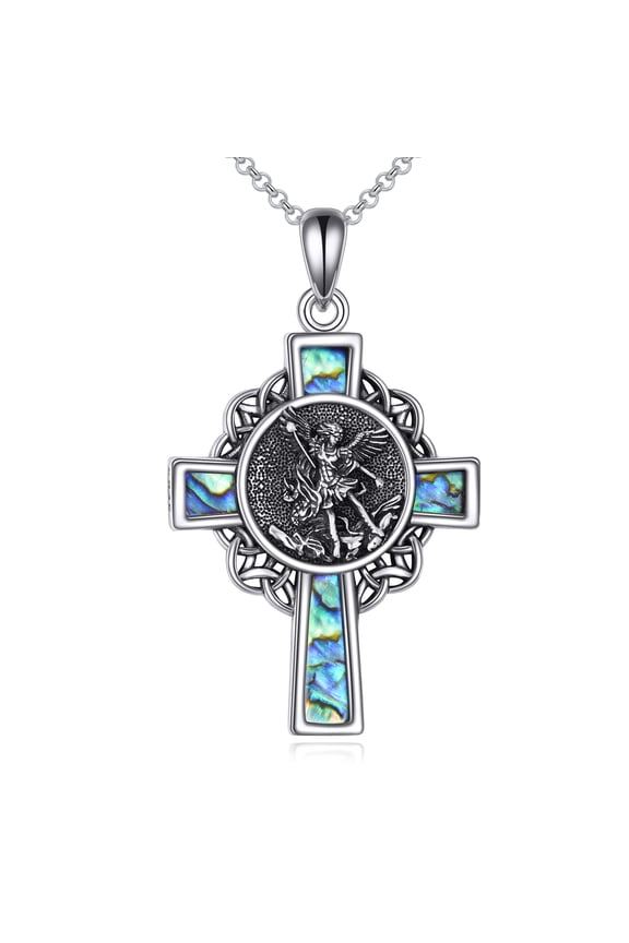 St Michael Pendant Abalone Shell Celtic Knot Cross The Saint Michael Necklace Sterling Silver Religious Jewelry for Men Women