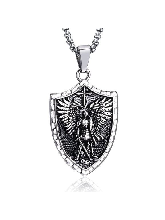 St Michael Pendant Necklace for Men, Saint Michael Medal Necklaces, Archangel Religious Medals Catholic Protection Jewelry Gift, 24 inches Chain