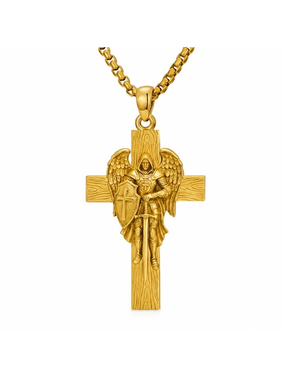 St. Michael Pendant Necklace for Men Women, 14K Gold Plated Wood-Grain Crucifix, Archangel Warrior Catholic Protection Jewelry Gift