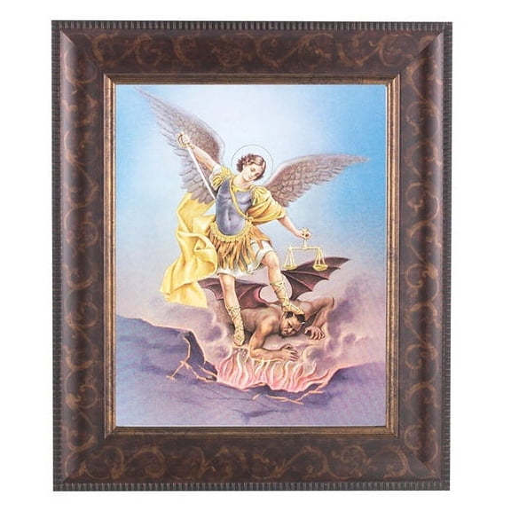 St. Michael Picture Framed Wall Art Decor Large, Antique Gold and Expresso Decorated Frame with Beveled Edge and Gold Lip