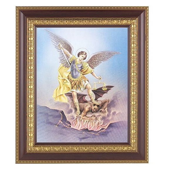 St. Michael Picture Framed Wall Art Decor Large, Dark Cherry with Gold Egg and Dart Detailed Frame