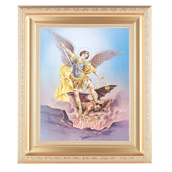 St. Michael Picture Framed Wall Art Decor Large, Satin Gold Fluted Frame with Distressed Finish and Fine Detailed Scrollwork