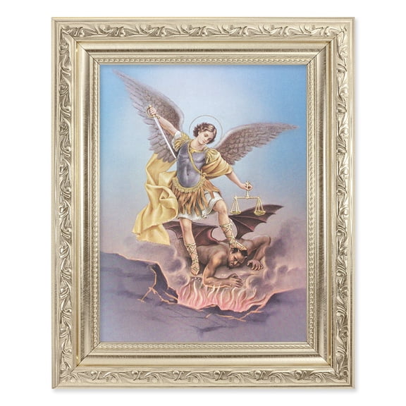 St. Michael Picture Framed Wall Art Decor Medium, Antique Silver Finished Frame with Acanthus-Leaf Detail